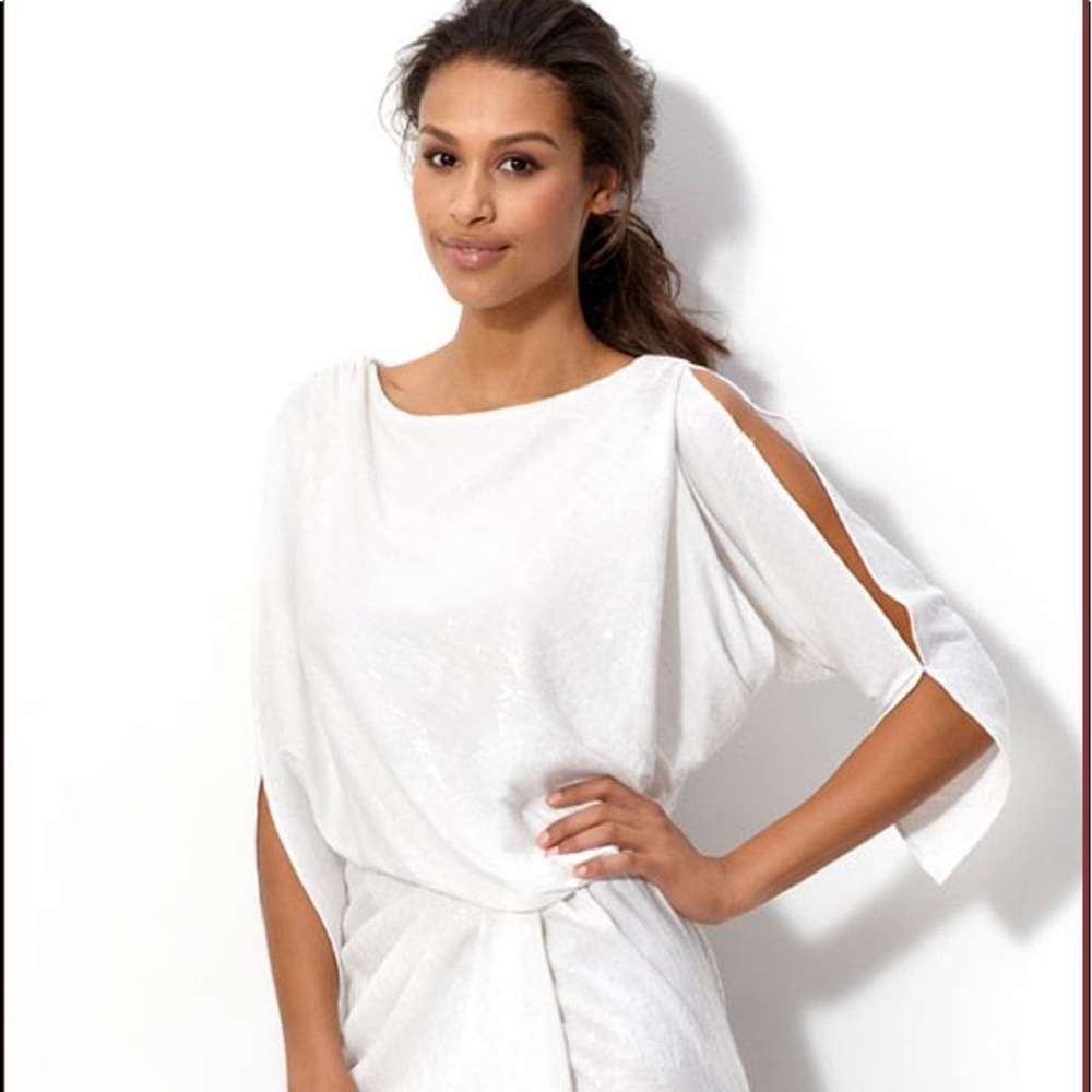 David Meister White Sequin Draped Dress